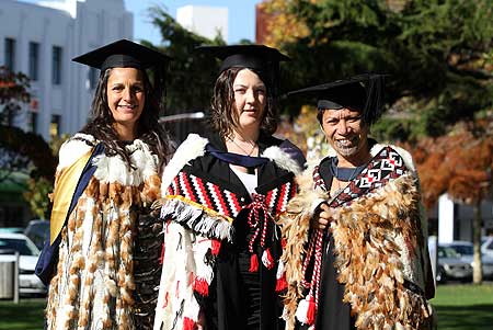 Natasha Simpson, Laura Shingleton and Tracey Robinson, a teacher, former head girl and board of trustee  of Manawatu College attended the ceremony to honour Maori graduates.